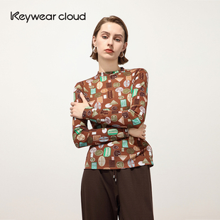 Keywearcloud奇威秋季新款薄款个性图案长袖打底衫T恤上衣女款