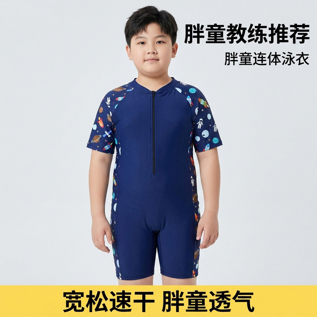 胖宝男童加大码胖童连体泳衣青少年学生加肥加大速干中大童游泳衣