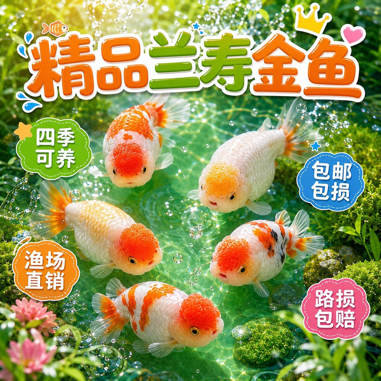 精品兰寿金鱼淡水鱼苗观赏鱼五花奶牛红白兰寿新手好养耐活冷水鱼