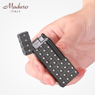 Maduro充气打火机正品雕刻方格窄版纤巧侧滑火机全铜男士礼物节