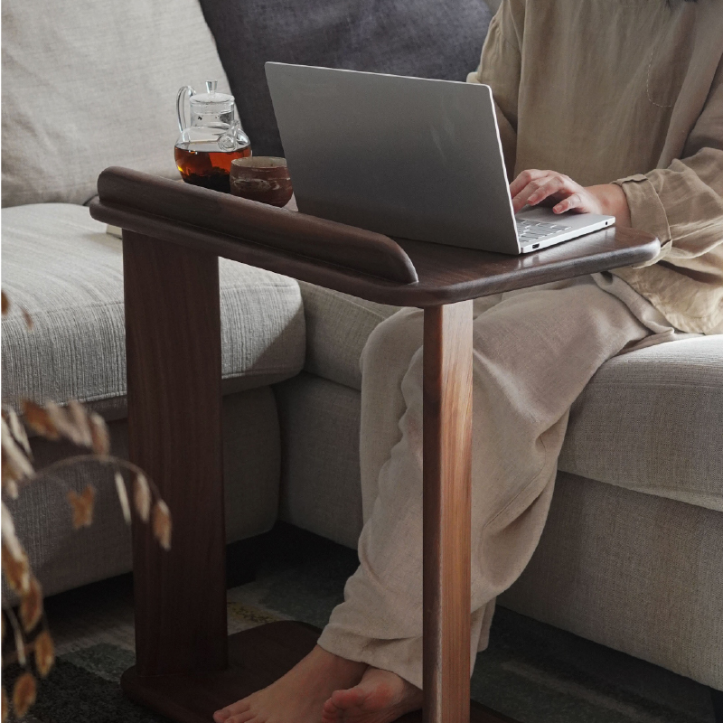 新中式实木沙发边几简约可移动电脑桌黑胡桃木客厅卧室小户型书桌