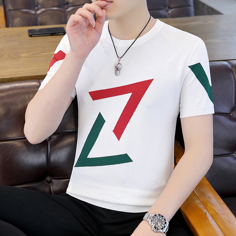 冰丝圆领短袖T恤男薄款透气夏装潮牌提花冰感休闲针织体恤衫半袖