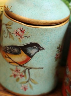 法式乡村做旧花鸟带盖收纳罐储物瓶桌面摆件家居饰品陶瓷装饰工艺