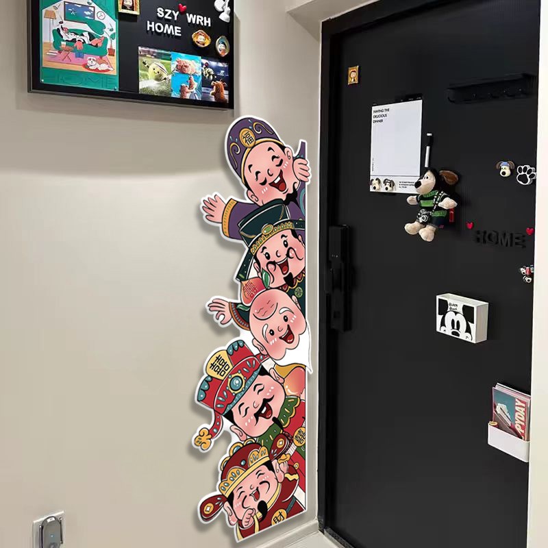 五福临门入户门贴玄关装饰贴画一梯一户门口布置新年财神爷墙壁画