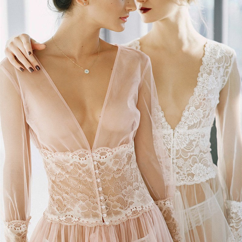 2024春装新款复古法式轻婚纱蕾丝长袖连衣裙公主风仙女粉色长裙