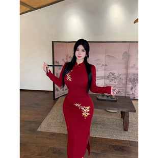babes 长袖 扶摇Fall 旗袍裙国风修身 包臀低开衩连衣裙 新中式