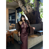 磨毛保暖包臀裙 微胖性感挂脖PU皮连衣裙秋季 babes 红酒魅影