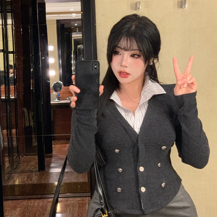 学院风辣妹长袖衬衫假两件上衣女