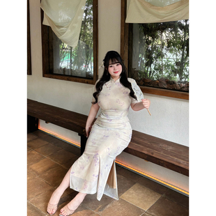 新中式 大码 云间诗 改良旗袍国风女素雅紫色绝美连衣裙 babes