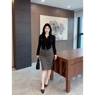 简约欧美秋冬高腰显瘦中裙一步开叉包臀裙女 纤细腰身 babes