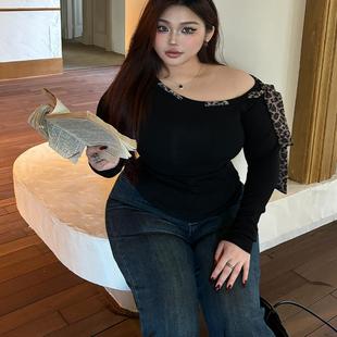 辣妹黑色微胖收腰连衣裙女豹纹绑带斜肩上衣 黑松可可 babes