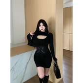 褶皱连衣裙微胖遮肉包臀短裙 气质半高领长袖 babes 黑色语言