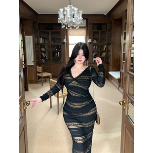 babes 修身 纯欲交织 新款 显瘦连衣裙 纯欲风辣妹蕾丝拼接长袖