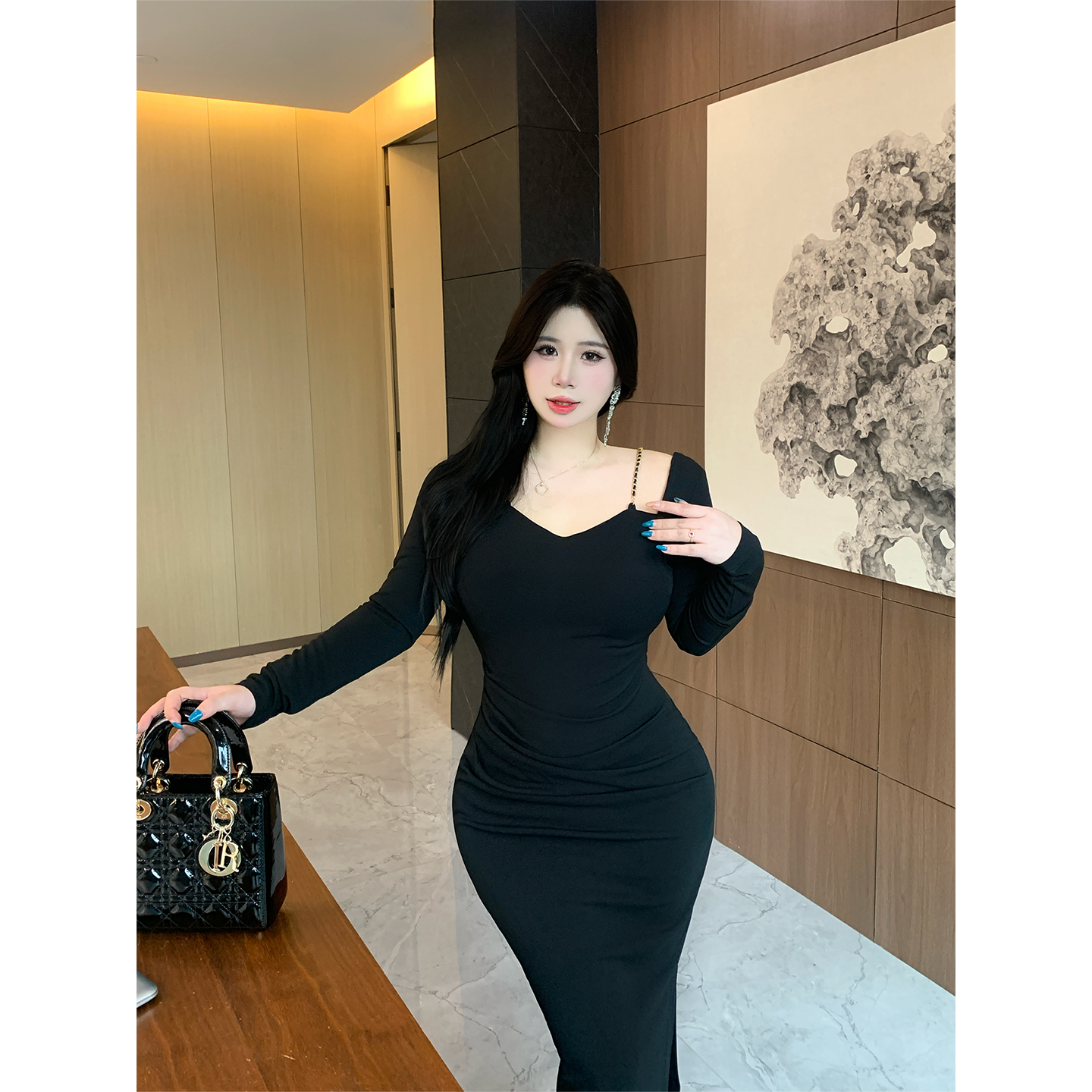 B-babes【天生丽质】法式微胖纯欲收腰挂脖鱼尾包臀长袖女连衣裙,女装/女士精品,连衣裙,淘宝优惠券,粉丝福利购,淘宝优惠卷