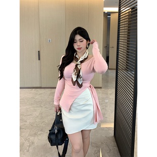 不规则褶皱绑带一字领粉色长袖 奶芙布蕾 T恤百搭上衣女 babes