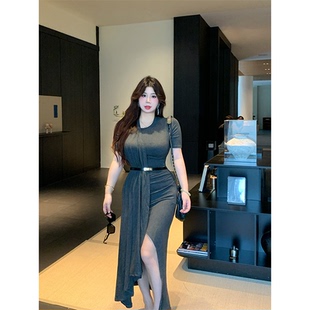 轻熟风高弹连衣裙纯欲气质微胖收腰复古长裙子 超模感 babes