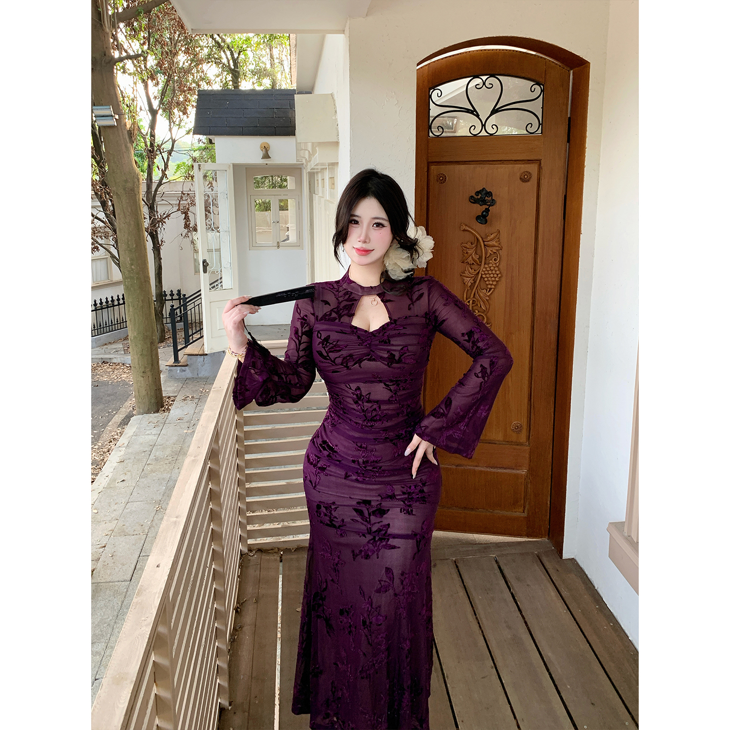 B-babes【紫烟若缕】新中式改良旗袍提花微胖褶皱高级鱼尾包臀裙