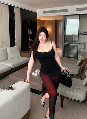 B-babes【魅力∞】性感显瘦吊带裙微胖收腰包臀连衣裙鱼尾长裙子