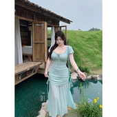 栀子香 babes 精致假两件微胖收腰显瘦网纱方领甜美度假裙子