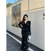 高级花朵烫钻长袖 高腰包臀长裙秋冬 大码 法式 babes 闪闪格调