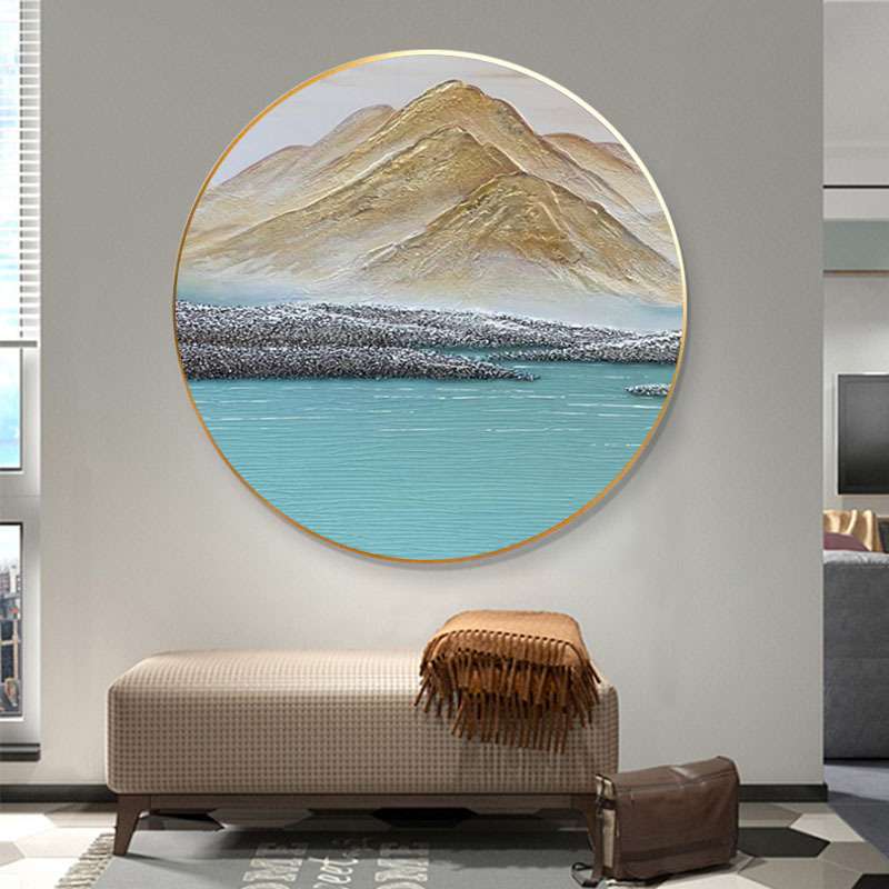 纯手绘油画日照金山圆形客厅装饰画聚宝盆发财肌理画餐厅玄关壁画图片