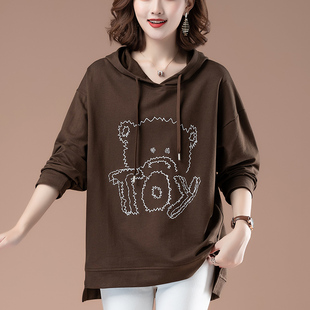 春秋中老年纯g棉卫衣中长款宽松特大码打底衫洋气妈妈遮臀带帽上