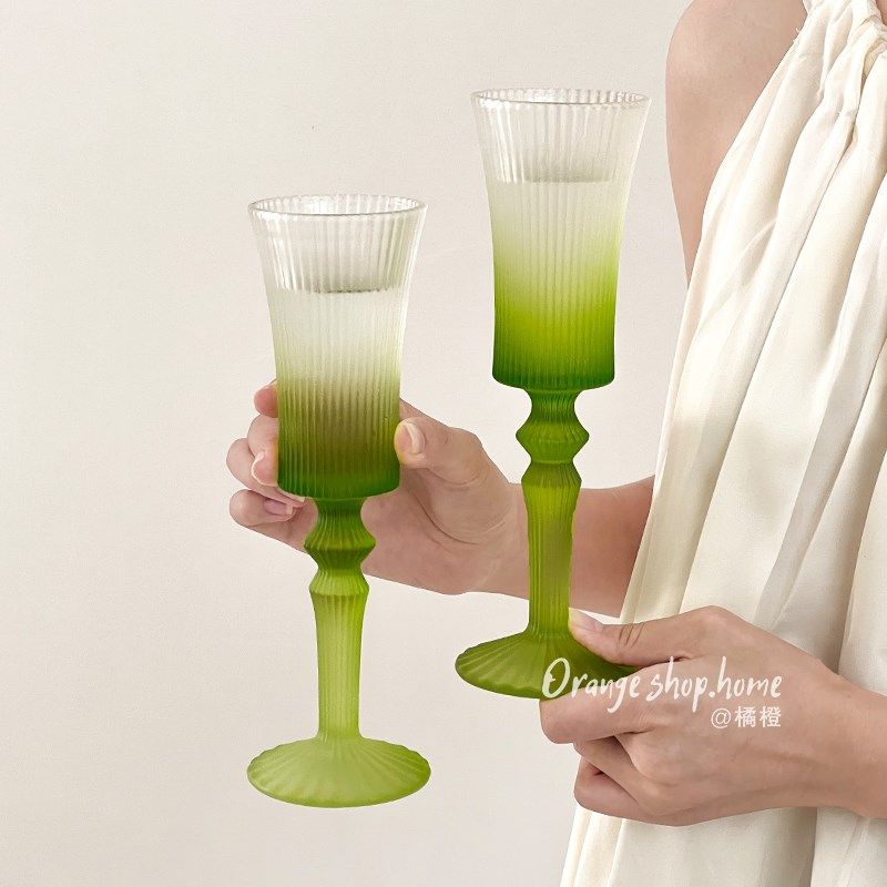 橘橙复古洋红酒香槟杯竖条纹高颜值中古高脚杯法式玻璃酒杯红酒杯