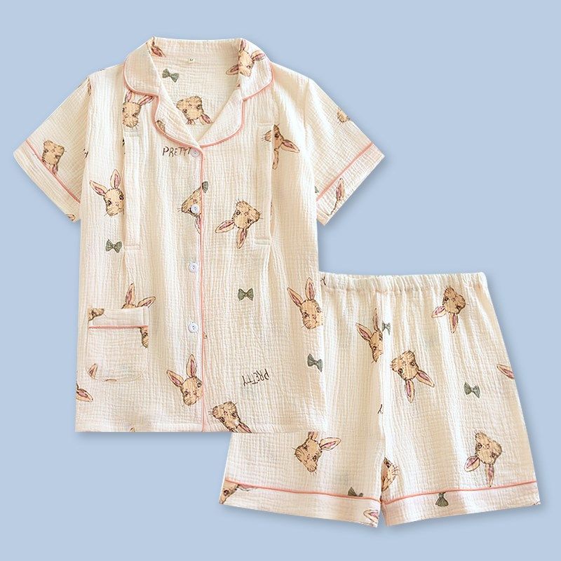 夏季纯棉短袖短裤月子服套装薄款纱布孕妇产后哺乳睡衣腰围可调节