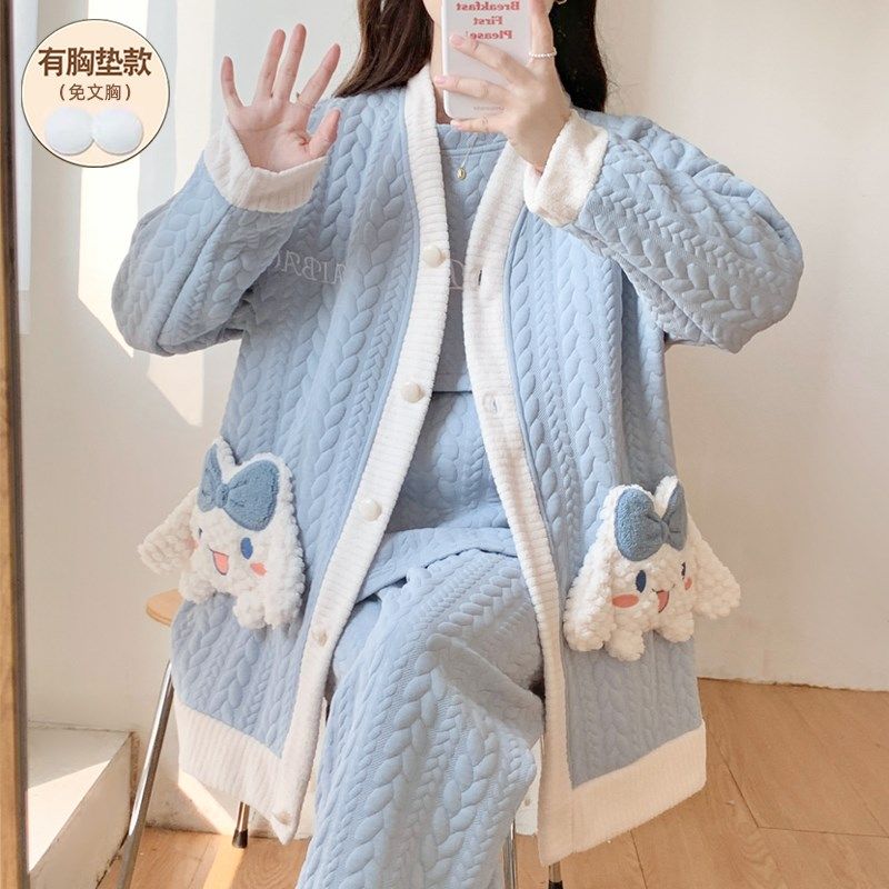 玉桂狗睡衣女秋冬带胸垫产后孕妇哺乳月子服空气棉纯棉夹层三件套