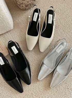 B15~粗跟法式银色包头凉鞋女鞋子2024年O新款尖头气质黑色通勤鞋