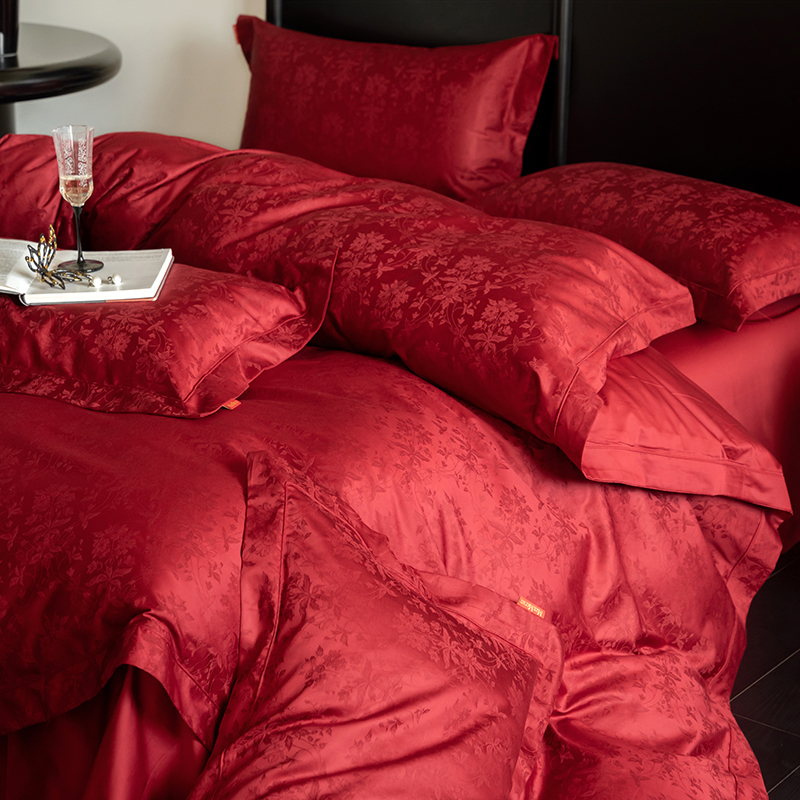 高级感提花婚庆四件套红色纯棉床上I用品套件轻奢喜庆被套床单