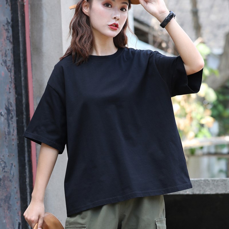 黑色t恤女夏宽松纯棉短袖大码w体恤衫胖mm工装上衣中半袖2025新款