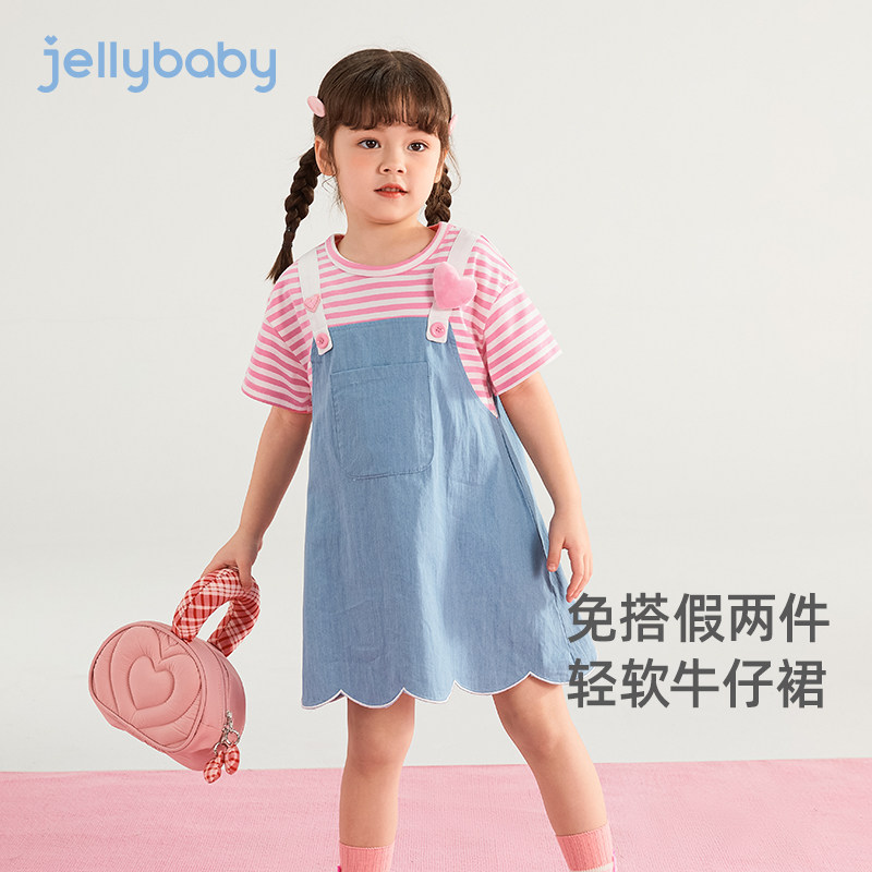 女童夏季连衣g裙3小童假两件背带儿童夏装休闲软牛仔裙4岁女孩裙