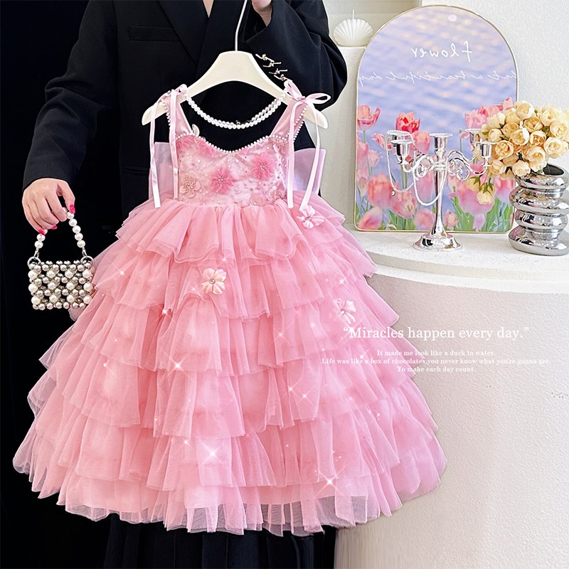 高端女童礼服夏款儿童生日蛋糕裙绝美公主裙小女孩V重工吊带连衣