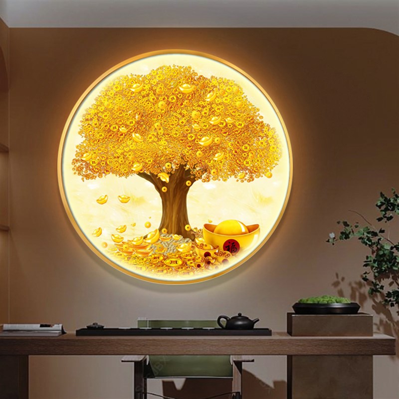 现代玄关装饰画圆形寓意好led灯发光壁画L走廊过道发财树招财挂画图片