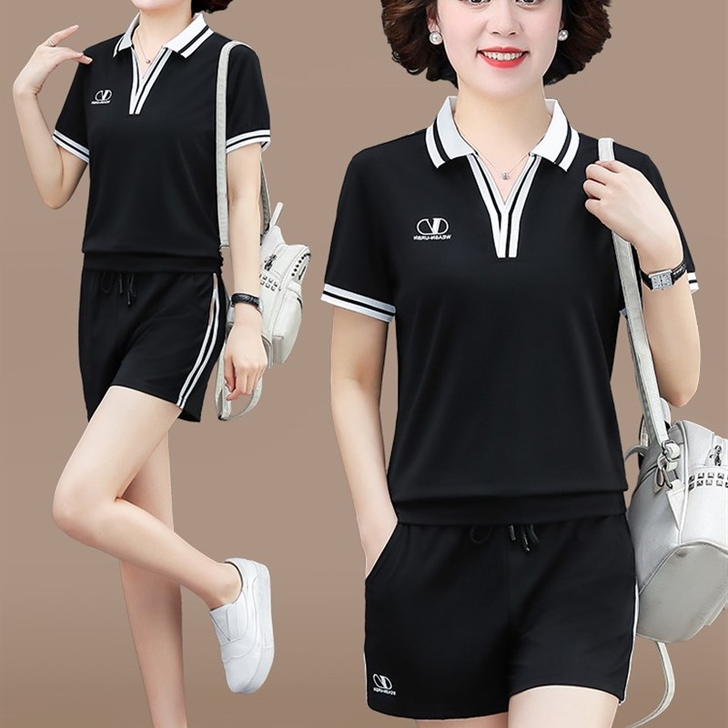 中年女士夏季g短裤运动服套装小个子中老年妈妈夏装短袖T恤两件套