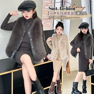 女童中长款毛衣裙子春秋新款儿童装红色洋气O针织连衣裙大童秋冬