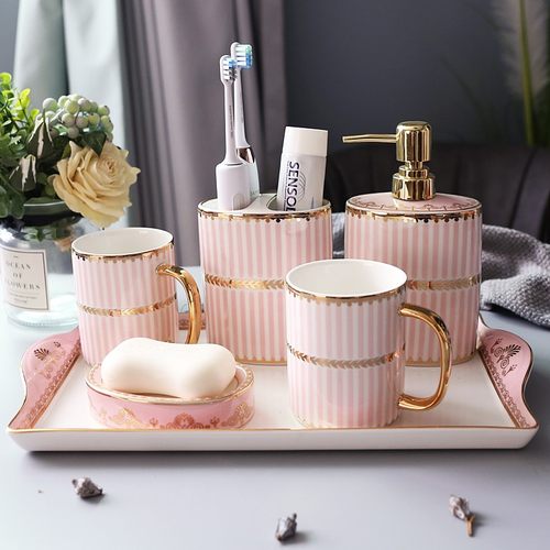 欧式陶瓷卫浴五件套洗漱套装浴室家用卫生间洗浴带托盘漱口杯套装
