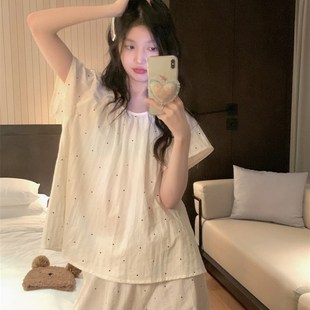 波点棉麻宽P松家居服套装 睡衣女夏季 长裤 韩版 可外穿 甜美简约短袖