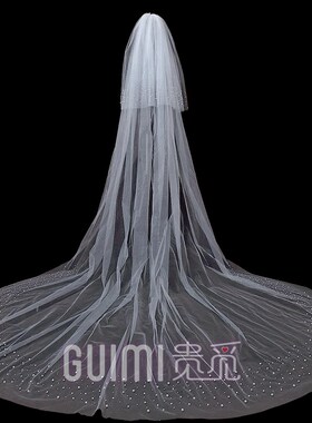 细闪钉珠头纱新娘主婚纱打拖尾头饰F简约长款婚礼写真拍照珍珠道