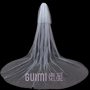 细闪钉珠头纱新娘主婚纱打拖尾头饰F简约长款婚礼写真拍照珍珠道