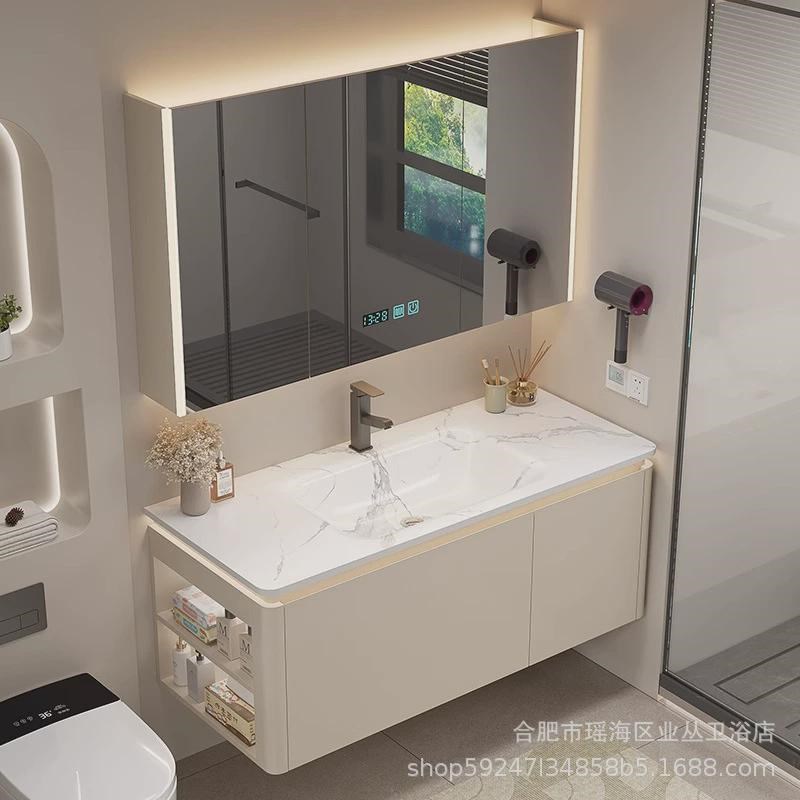 现代简约b岩洗漱台热弯一体盆橡木浴室柜组合吊柜卫生间洗手洗脸
