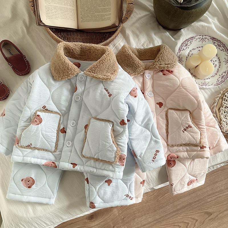 儿童睡衣冬季加厚款分p体两件套婴儿幼衣服翻领夹棉棉衣家居服套