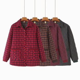 棉服女200斤冬季 大码 加u肥加大宽松休闲螺纹拼接棉衣外套格子棉袄