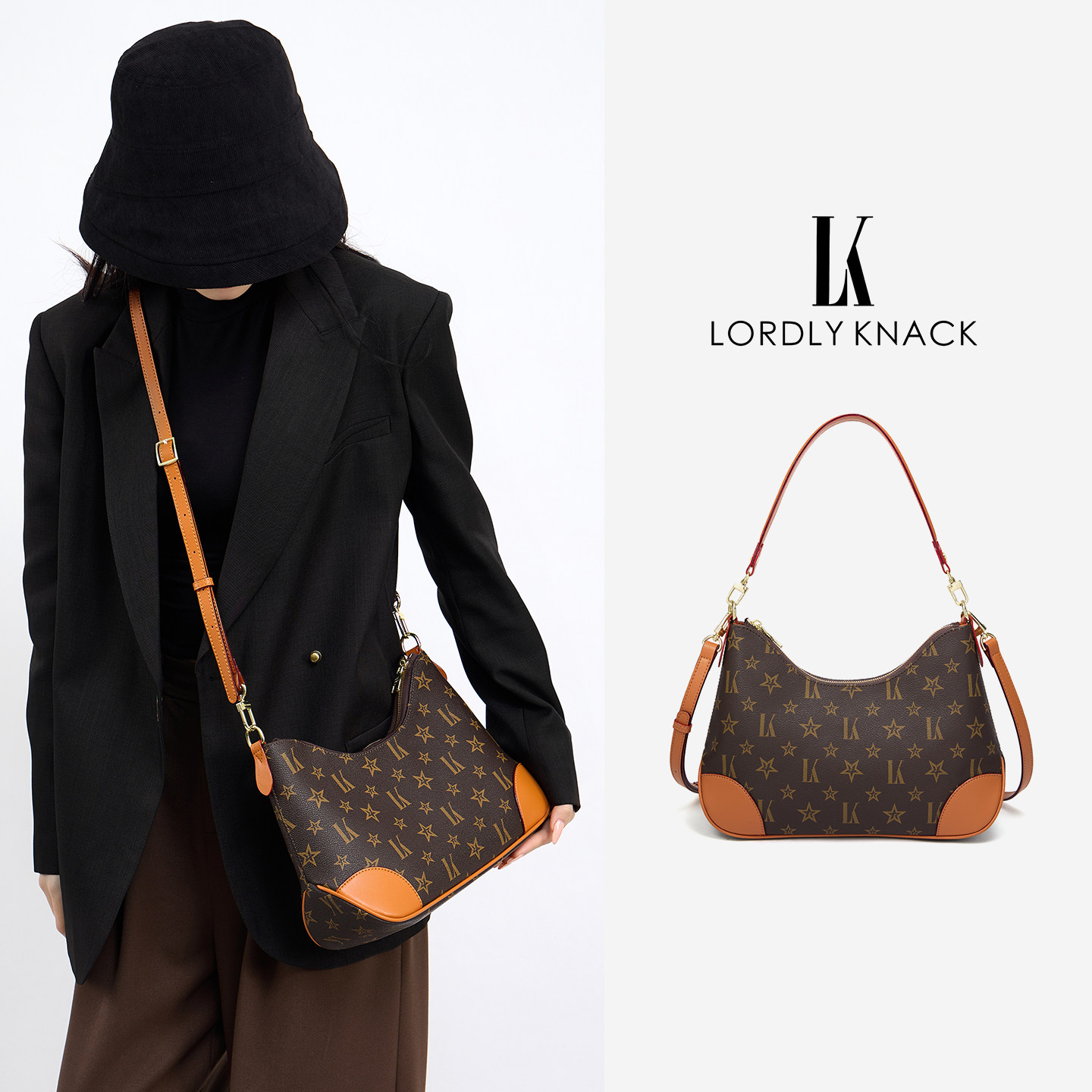 LK轻奢包包单肩老花牛角包2026新款小众腋下包通勤高级感斜挎包女