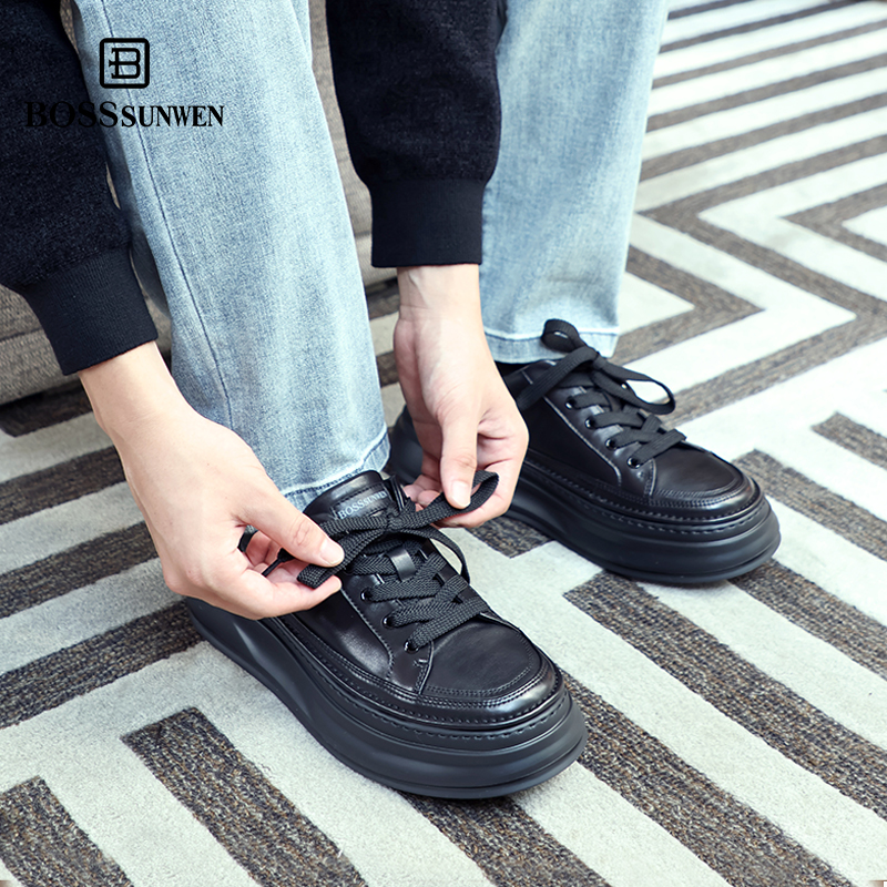 [舒适增高5.5cm]BOSSSUNWEN/博斯·绅威厚底增高小黑鞋运动休闲鞋