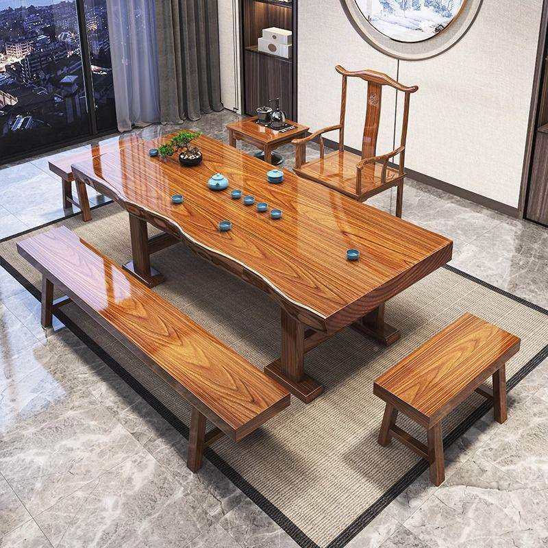 式原木大板茶台桌椅组合整茶桌家办用板公室全实木OAH中茶几泡茶