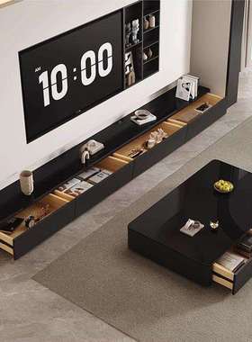 黑色茶几视电柜组家用客厅新出款小户型落地电视柜租房玻PVA璃茶