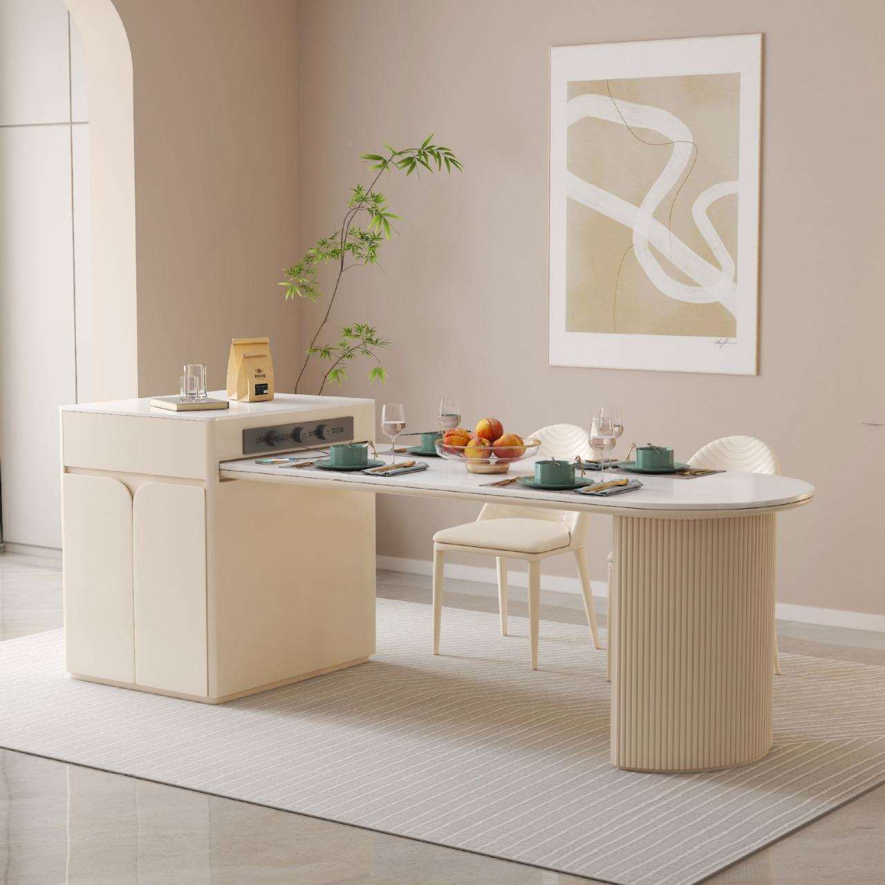 奶油台风岛餐桌一体家用小户型台可伸缩岩板岛餐桌组合现881代高