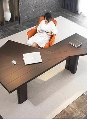 现约办公室实简木电脑桌设计师创意代老桌板异形原木黑色办HYBGZ1